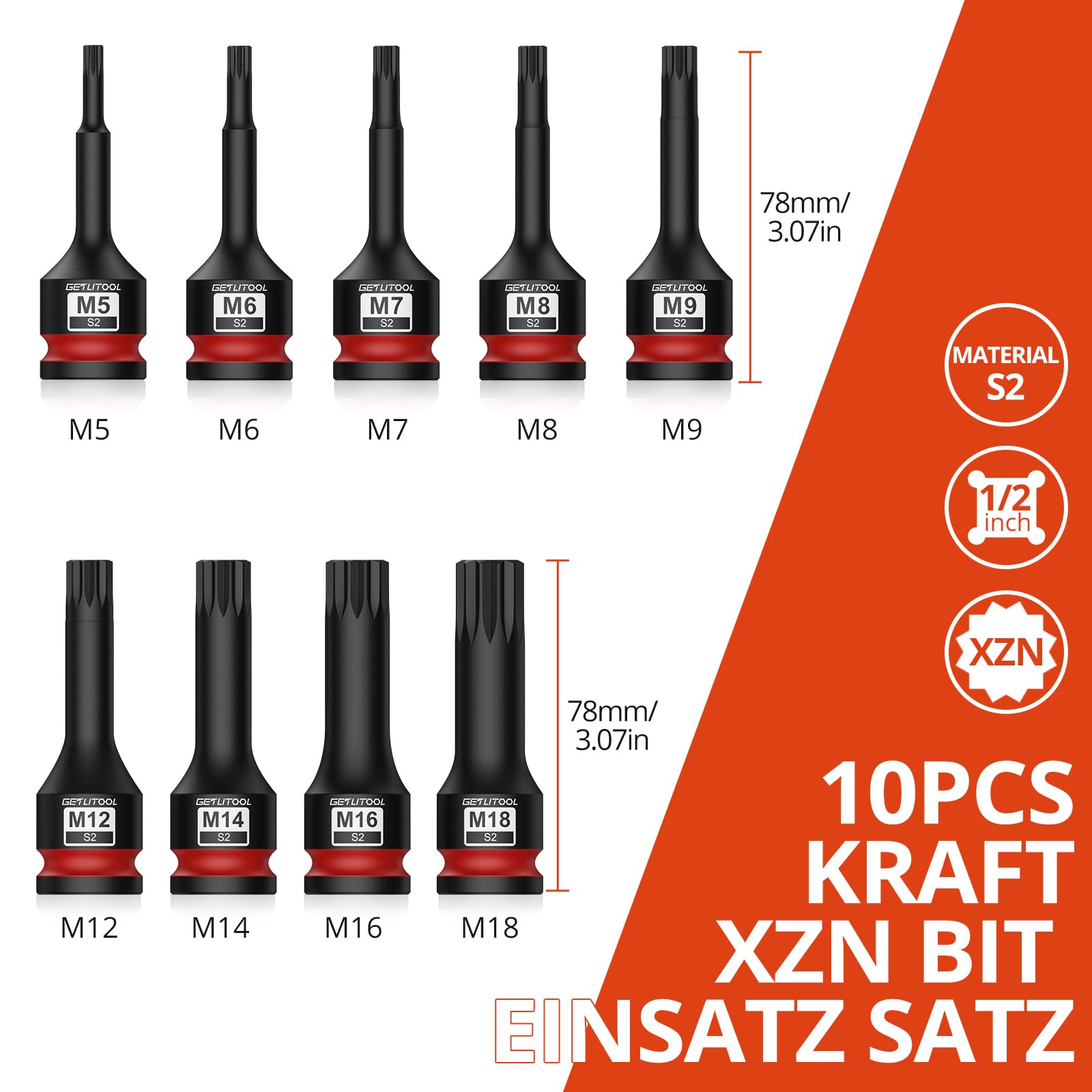 GETLITOOL 1/2" Kraft Vielzahn Bit Steckschlüssel Satz, 10tlg S2-Stahl Kraft XZN Bit Einsatz Satz M5-M18, Länge 78 mm Vielzahn Kraft Schlagschrauber Nüsse Satz Innenvielzahn für XZN 2