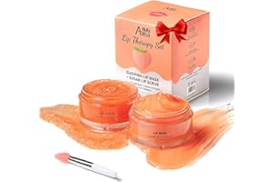 ANAI RUI Lip Care Kit - Mask & Scrub Set, Gift for Mother Girls, Overnight Treatment With Sleeping Mask & Sugar Exfoliator, Moisturizer for Dry, Chapped, Dark Lips, Peach