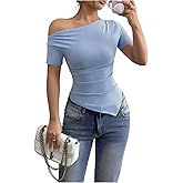SOLY HUX Women's Off The Shoulder T Shirt Short Sleeve Ruched Asymmetrical Hem Tee Going Out Summer Tops