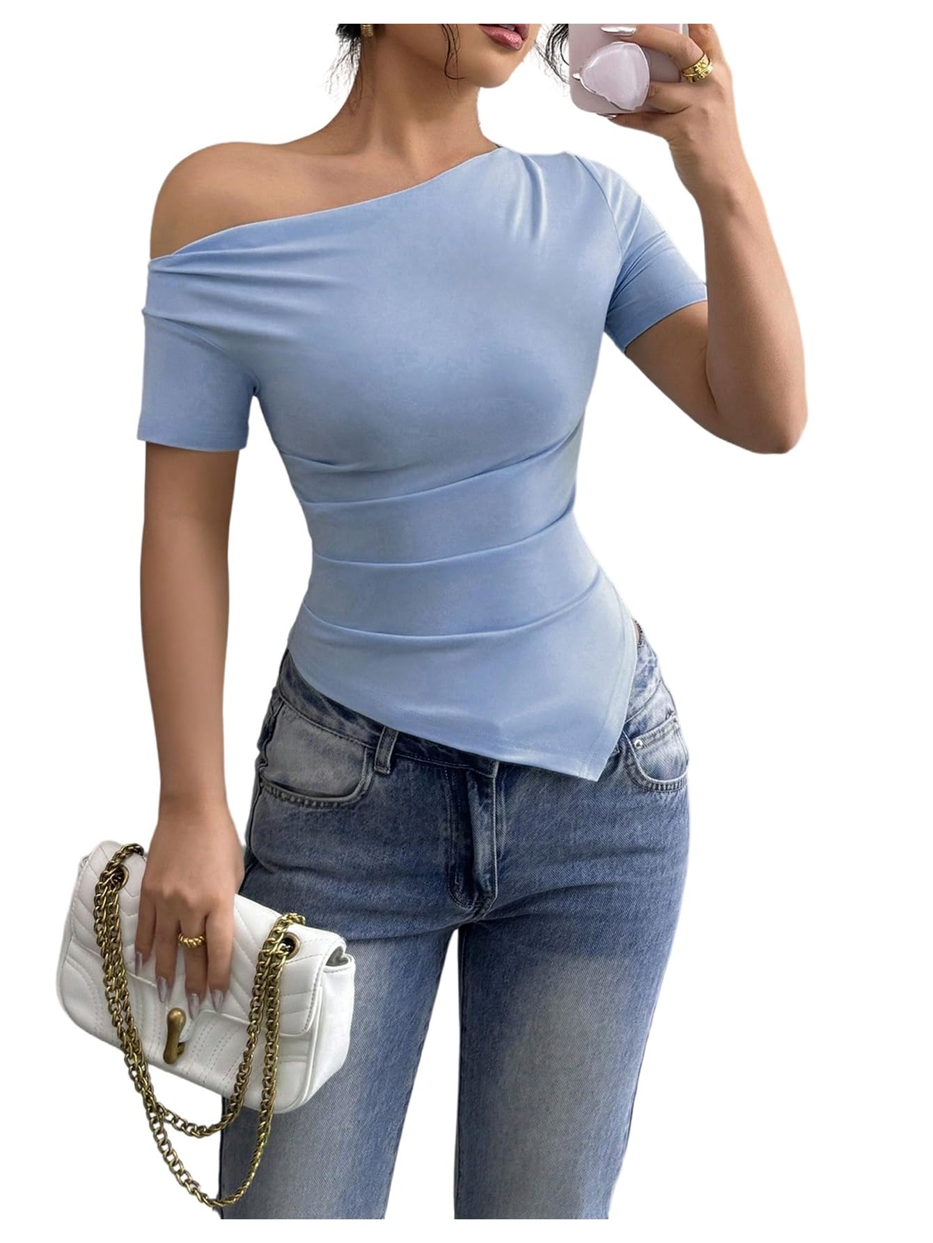 Photo 1 of (MEDIUM) (BAGGED) SOLY HUX Women's Off The Shoulder T Shirt Short Sleeve Ruched Asymmetrical Hem Tee Going Out Summer Tops Plain Blue Medium