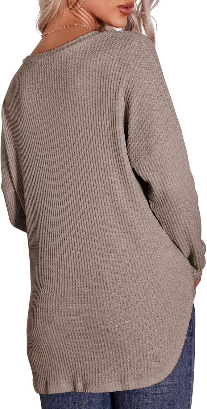 IWOLLENCE Womens Waffle Knit Tunic Button Up Shirts Tie Knot Front Tops Loose Pullover Blouses at  Women’s Clothing store