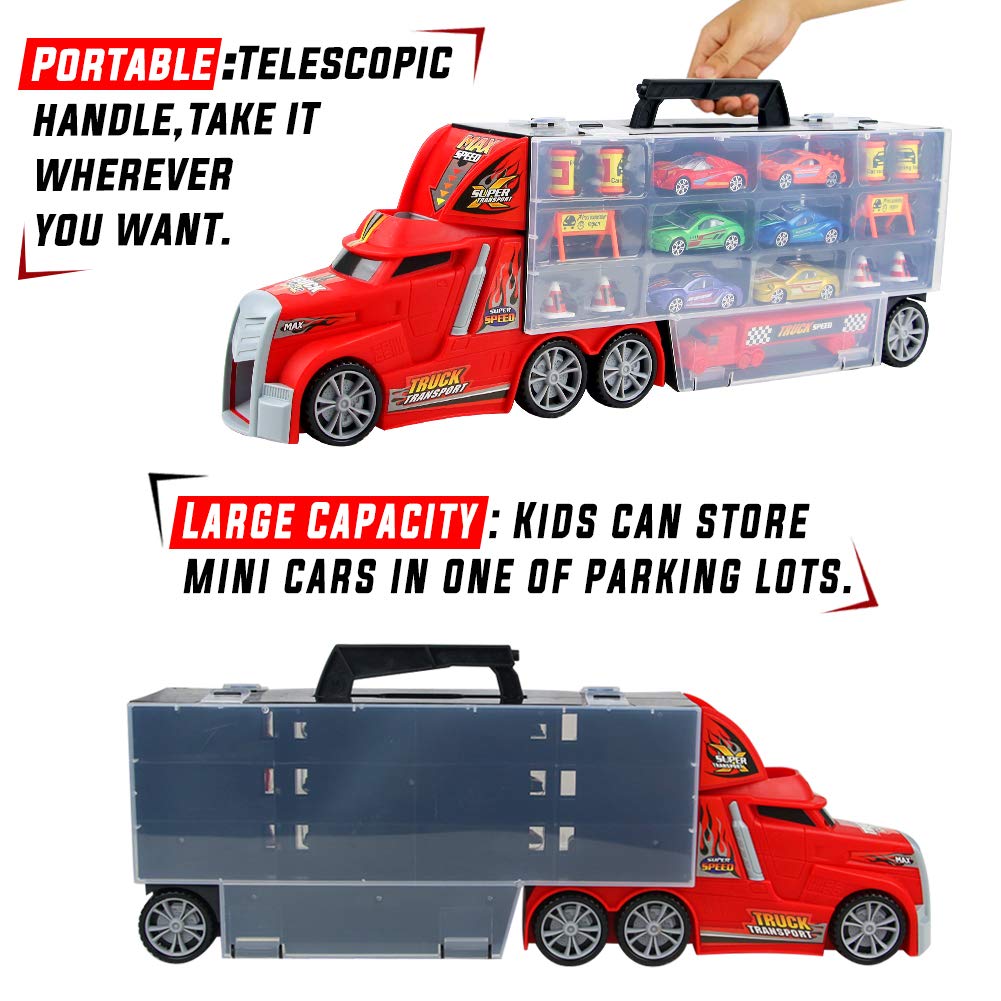 Nuheby Transporter Truck Carrycase for Cars Playset Detachable Carrier Truck Toy Cars Including 17 Mini Mental Die Cast Cars and Accessories- Car Transporter Toy for Boys & Girls 3 4 5 Years Old