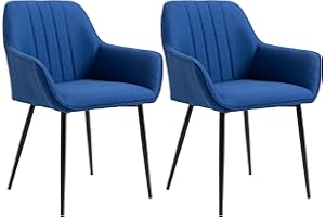 HOMCOM Dining Chairs Set of 2, Upholstered Kitchen Chairs, Linen Fabric Accent Arm Chairs with Metal Legs, Dark Blue