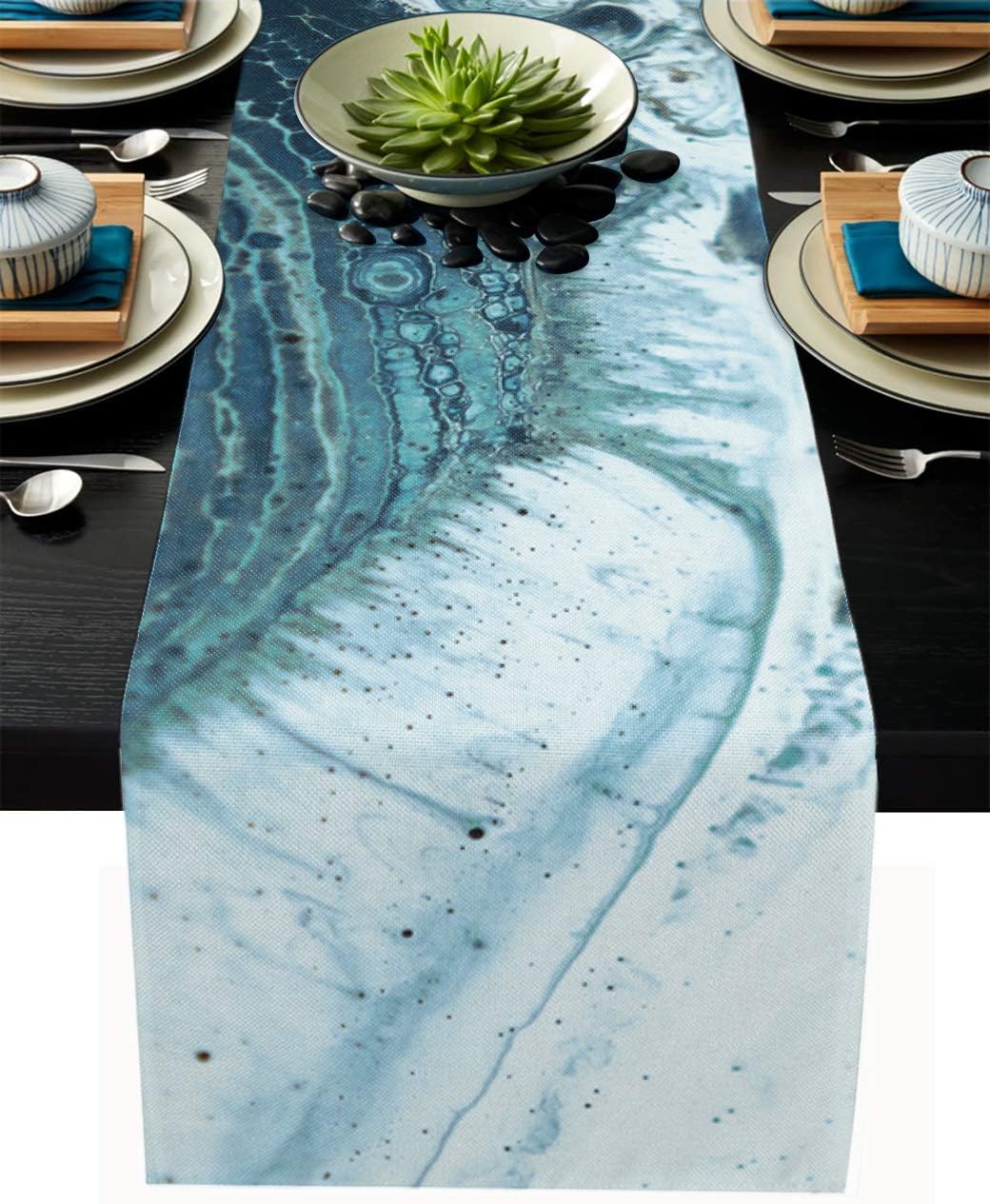 Marble Table Runner-Cotton linen-Long 72 inche Turquoise Dresser Scarves,Ink Texture Tablerunner for Kitchen Coffee/Dining/Sofa/End Table Bedroom Home Living Room,Scarfs Decor for Holiday Dinner