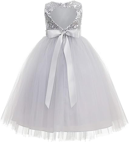 heart back sequin and tulle flower girl gown