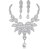 Janefashions Large Floral Clear White Austrian Rhinestone Crystal Bib Statement Necklace Earrings Set Party Bridal Set, Prom Pageant Wedding Jewelry Set, Gold or Silver N1581