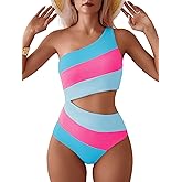 TASHEHE Women's One Shoulder One Piece Swimsuit Sexy Neon Color Block Bathing Suit Modest Full Coverage Cutout Swimwear