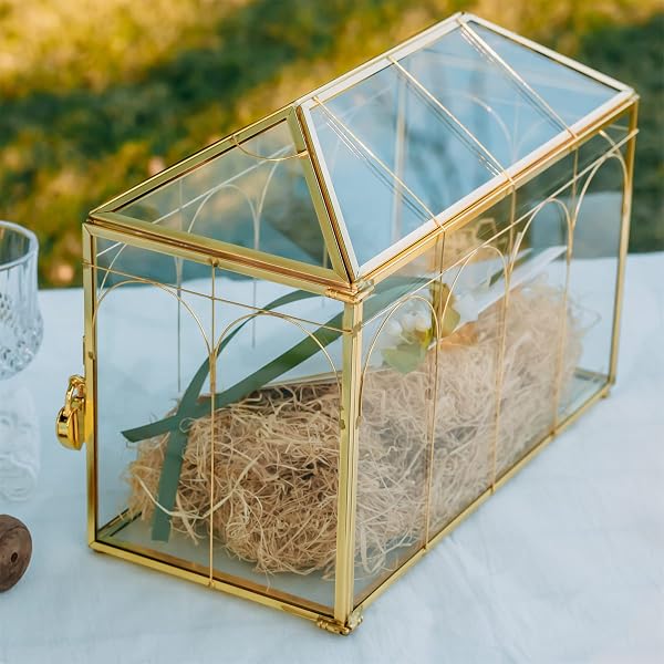 NCYP GLASS CARDS BOX WITH SLOT AND LOCK FOR WEDDING – 12.6″ X 5.9″ X 9″ GEOMETRIC VINTAGE ENVELOPS WISHWELL CARD HOLDER – TABLETOP RECEPTION, BIRTHDAY PARTY DECOR, GOLD (GLASS BOX ONLY)