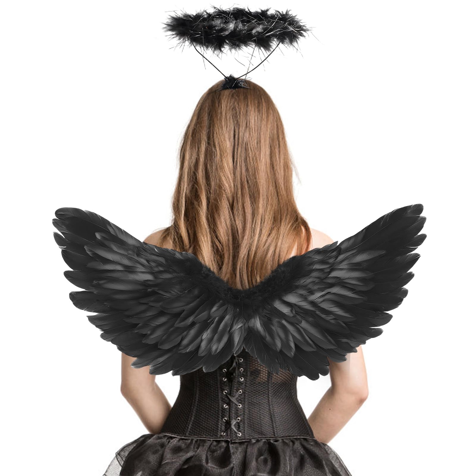 Photo 1 of Angel Wings, Feather Angel Wings and Halo, Black Angel Wings Costume for Adult Kids Women Girls Halloween