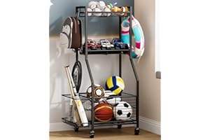 Cerlyunzan Sports Equipment & Toy Storage Rack with Wheels, 3-Tier Ball Organizer for Balls, Rackets & Sports Gear, Large Capacity with Racket Slots & Hooks, for Garage, Home Gym or Backyard – 17" W
