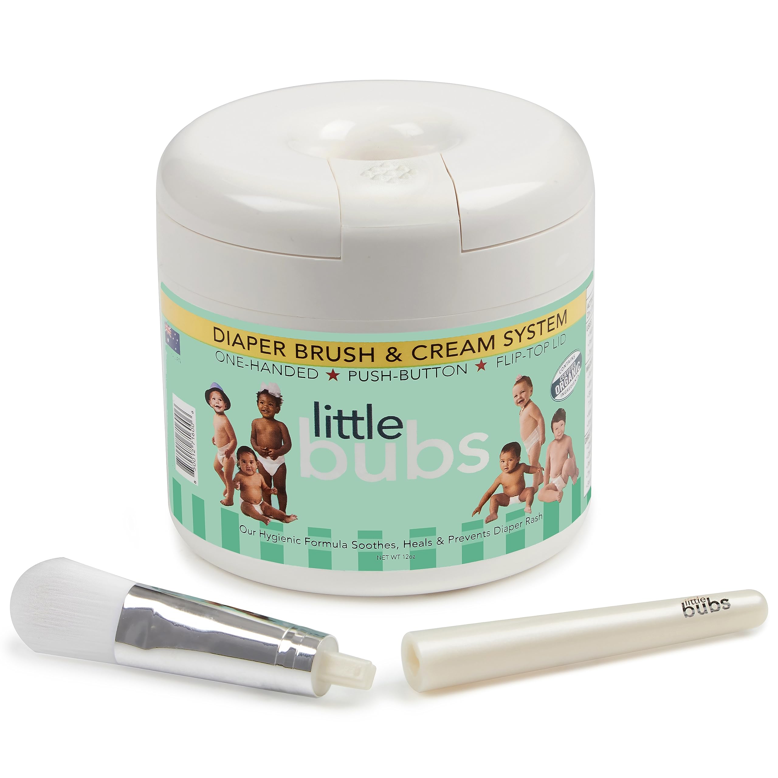 Little Bubs Diaper Brush & Cream (12 OZ) | USP-Grade & Certified Organic Ingredients | BPA free, No Synthetic Fragrance | Quick, Hygienic, Mess Free