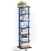 GLANZALANT 7-Tier Bookshelf, Narrow Bookcase with LED Lights, 47.2 Inch Book Shelf for Small Space, Display Storage Shelf for Living Room, Bedroom, Home Office, Study, Black