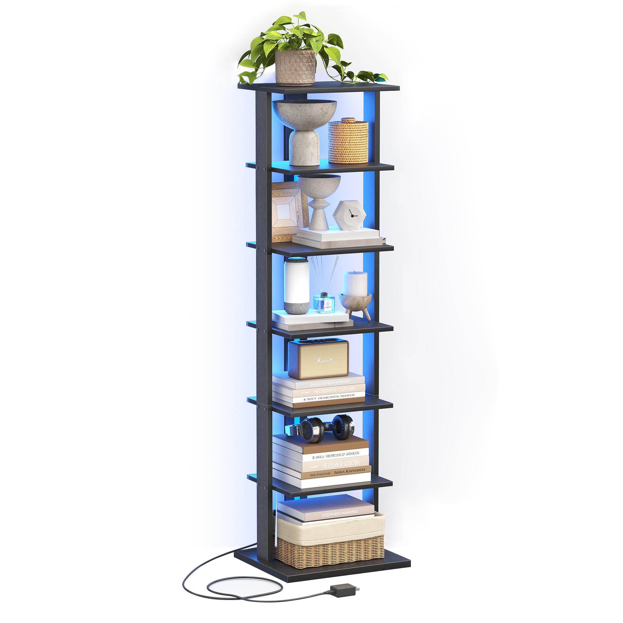 Photo 1 of (missing led parts) GLANZALANT 7-Tier Bookshelf, Narrow Bookcase with LED Lights, 47.2 Inch Book Shelf for Small Space, Display Storage Shelf for Living Room, Bedroom, Home Office, Study, Black