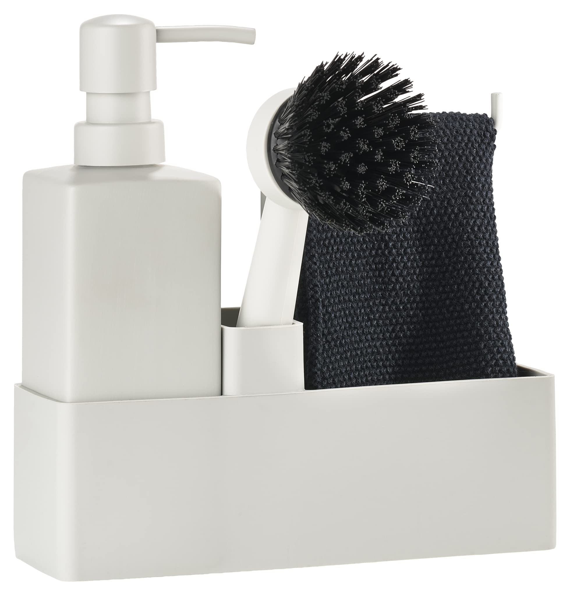 Zone Denmark Dishwashing Set, Dish Organiser with Soap Dispenser/Detergent Dispenser, Dish Cloth and Washing Up Brush, 19 x 6 x 20.5 cm, Set of 4 Pieces, Warm Grey