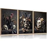 BICERE Large Vintage Skull Halloween Floral Framed Canvas Wall Art Set, Abstract Skeleton Butterfly Wall Decor,Moody Dark Rose Artwork for Living Room,Bedroom,Dining Room,Office -16