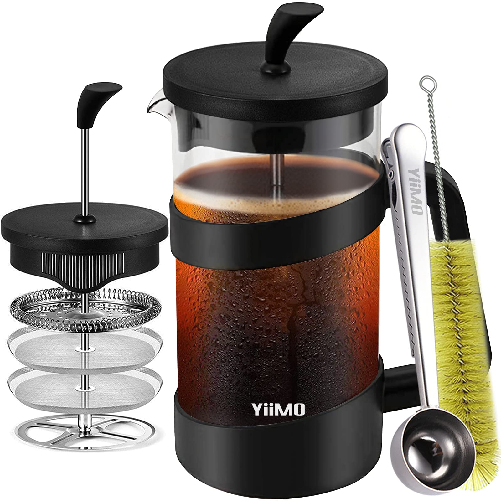 YiiMO French Press Coffee Maker, 34 Oz Large Vycor Glass Pitcher 4 Level Filter System Café Carafe Tea Pot with Stainless Coffee Spoon and Cleaner Brush for Hot or Cold Brew