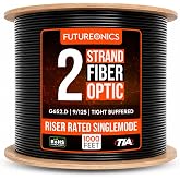 Futureonics 2 Strand Indoor/Outdoor Fiber Optic Cable, OS2 9/125 Singlemode, G652.D, Black, Riser Rated, Spool, 1000 Feet