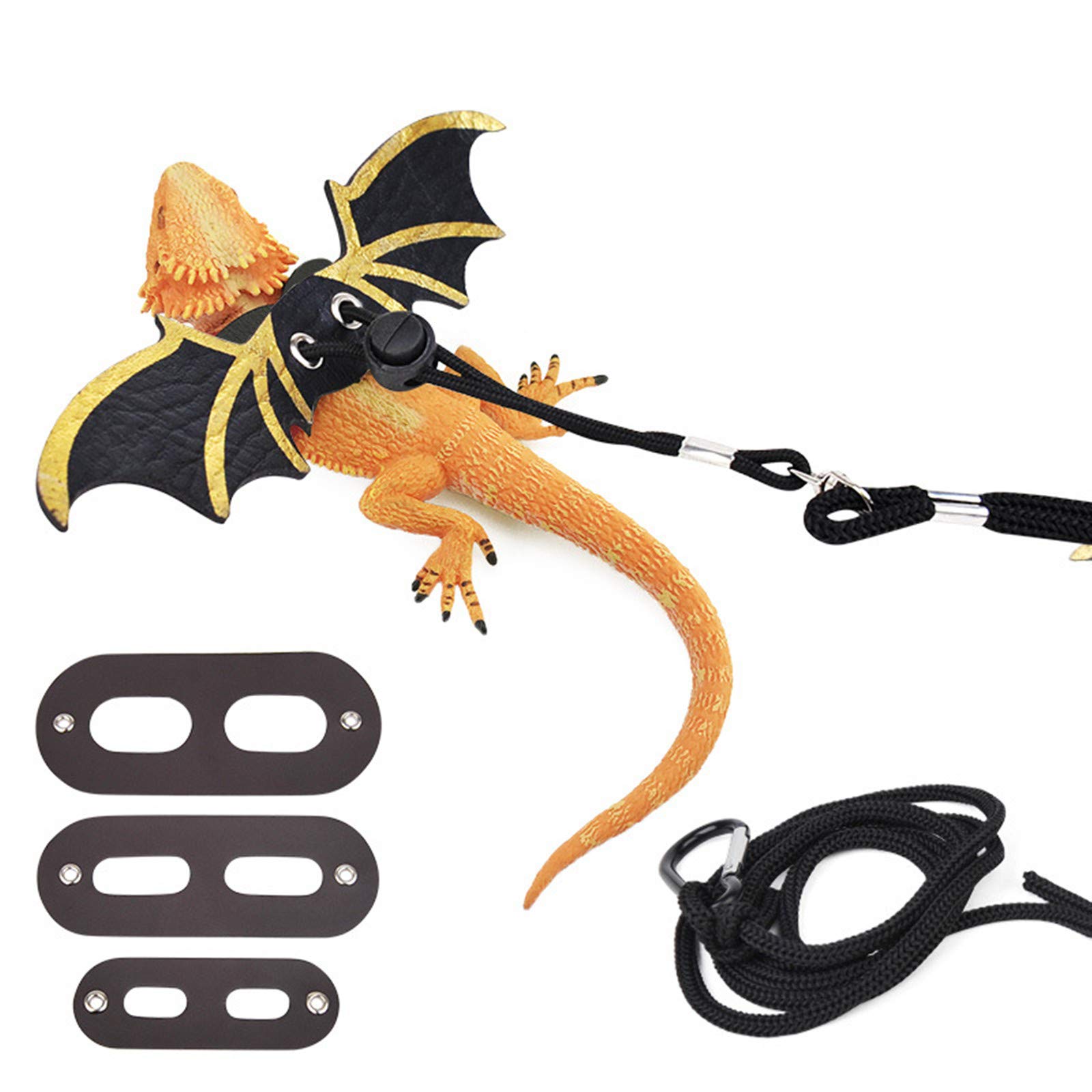 Bearded Dragon Harness and Leash Set,3 Sizes Soft Leather Adjustable Lizard Harness with Retractable Strap, Bearded Dragon Accessories for Lizard Reptiles Amphibians Small Animals (Black+Gold A)