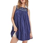 OFSOAK Women Boho Sundress Summer Casual Mini Dress Shift Tank Crew Neck Floral Sun Embroidered Flowy Vacation Dress Blue