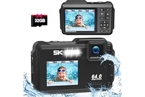 MURAUX 5K 64MP Underwater Camera, 16FT Waterproof Digital Camera with Selfie UHD Dual Screen, Digital Underwater Camera for Snorkeling with WiFi, 16X Digital Zoom, 32GB Micro Card and 1200mAh Battery