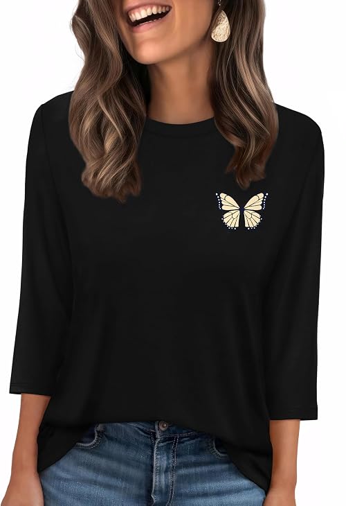 WIHOLL Ladies Tops for Women Blouses 3/4 Sleeve T Shirts for Women UK Casual Loose Fit Size 6-8 Butterfly Black