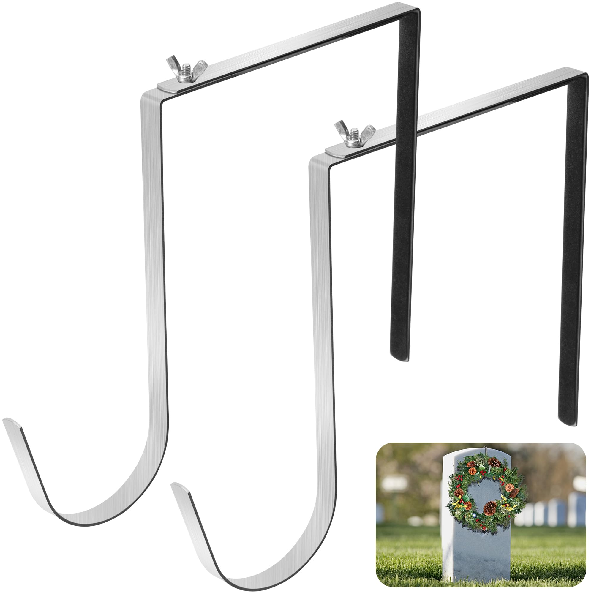 Photo 1 of 2 Pcs Christmas Headstone Wreath Hanger- Fit 6"-11" Adjustable Cemetery Tombstone Wreath Holder- Stainless Steel Cemetery Gravestone Wreath Stand for Christmas Easter Memorial Day Gravestone Decoratio