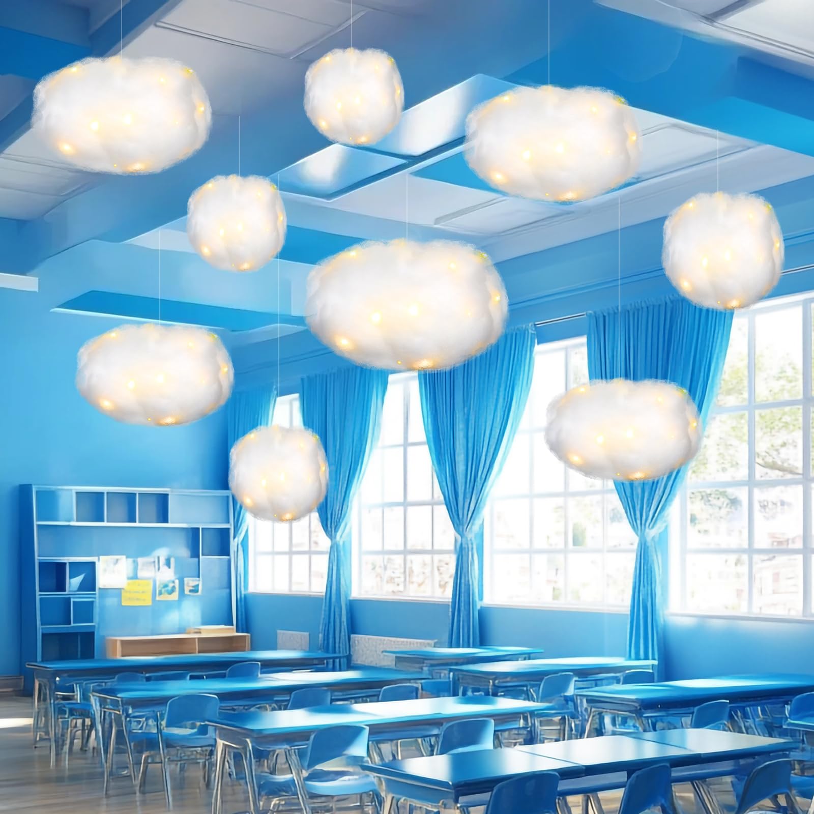 Photo 1 of Tatuo 6 Pcs LED Artificial Hanging Clouds for Ceiling Fake Imitation 3D Cloud with 6 Pcs Light Strings Cotton Props Decorations DIY Hanging Ornament for Classroom Wedding Baby Shower Art Stage Room
