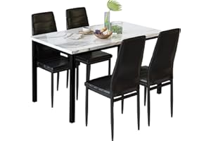 AWQM Dining Table Set for 4, Kitchen Table and Chairs, Faux Marble Dining Table with 4 Upholstered PU Leather Chairs, 5-Piece Rectangular Kitchen Table for Small Spaces Breakfast Nook, White Black