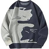 SHENHE Men's Graphic Cat Print Colorblock Crewneck Drop Shoulder Long Sleeve Pullover Sweater