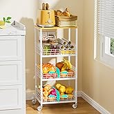 HapiRm Kitchen Fruit Vegetable Cart - 4 Tier Rolling Storage Rack with Wheels and Dividers, Coffee Station Cart Rack Shelf Organizer for Onion, Potato, Snack, Fruit, Vegetable Storage Stand, White