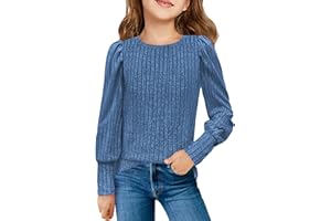 Haloumoning Girls Puff Long Sleeve Shirts Kids Fashion Ribbed Knit Tops Blouse 5-14 Years
