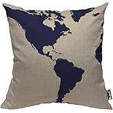 Mugod Globe Map Print Throw Pillow Cover Vintage World Map Watercolor Splash Dark Blue Ink Decorative Pillow Cases Square Cotton Linen Cushion Cover for Home Bed Sofa Couch 18x18 Inch