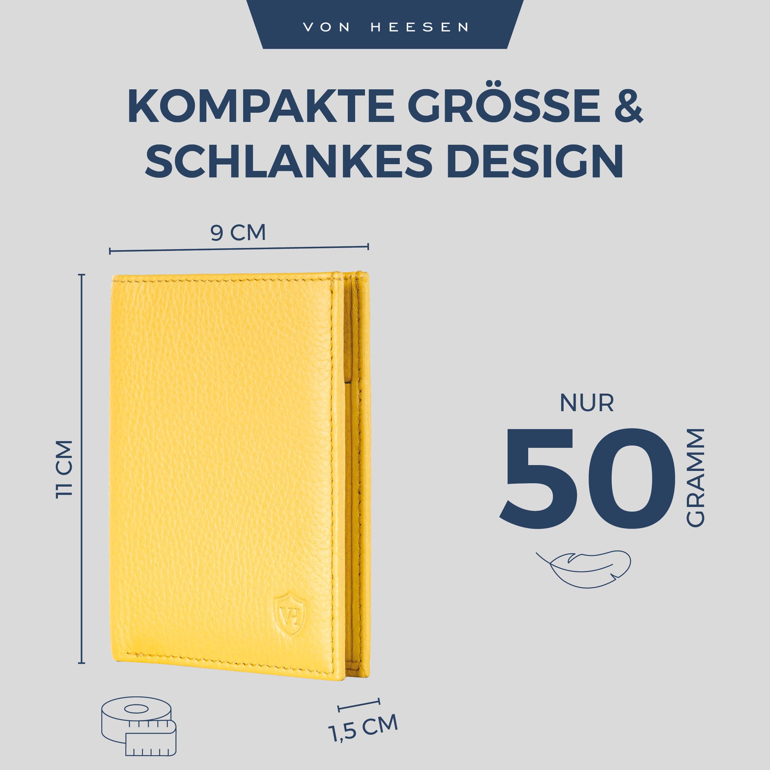 VON HEESEN Leder Geldbörse Herren mit Münzfach & RFID Schutz I Echtleder Geldbeutel für Männer & Damen I Portemonnaie Brieftasche Wallet Portmonee (Gelb, OHNE MÜNZFACH) 4