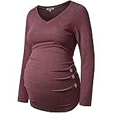 GINKANA Maternity Shirt Long Sleeve Basic Top Ruch Sides Buttons Tshirt for Pregnant