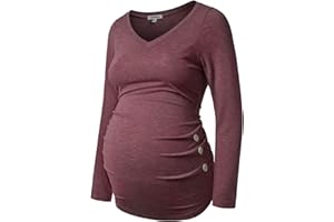 GINKANA Maternity Shirt Long Sleeve Basic Top Ruch Sides Buttons Tshirt for Pregnant