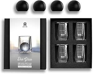 Aged &amp; Ore - The Duo Glass | Hand Blown Double Walled Whiskey Glass Gift Set with Free Silicone Ice Molds | Integrated Measuring Lines for the Perfect Cocktail | Durable Modern Tumbler | Set of 4