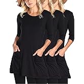 Popana 3 Pack Women’s 3/4 Sleeve Tunic Top – Scoop Neck Long Tunic Shirts to Wear with Leggings with Pockets