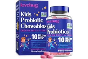 lovebug PROBIOTICS for Kids – Probiotic Chewables with Prebiotic Fiber for Age 4+, Daily Children's Gut Health, Constipation, Digestive & Immune Support Supplement, Sugar-Free Berry Flavor, 60 ct