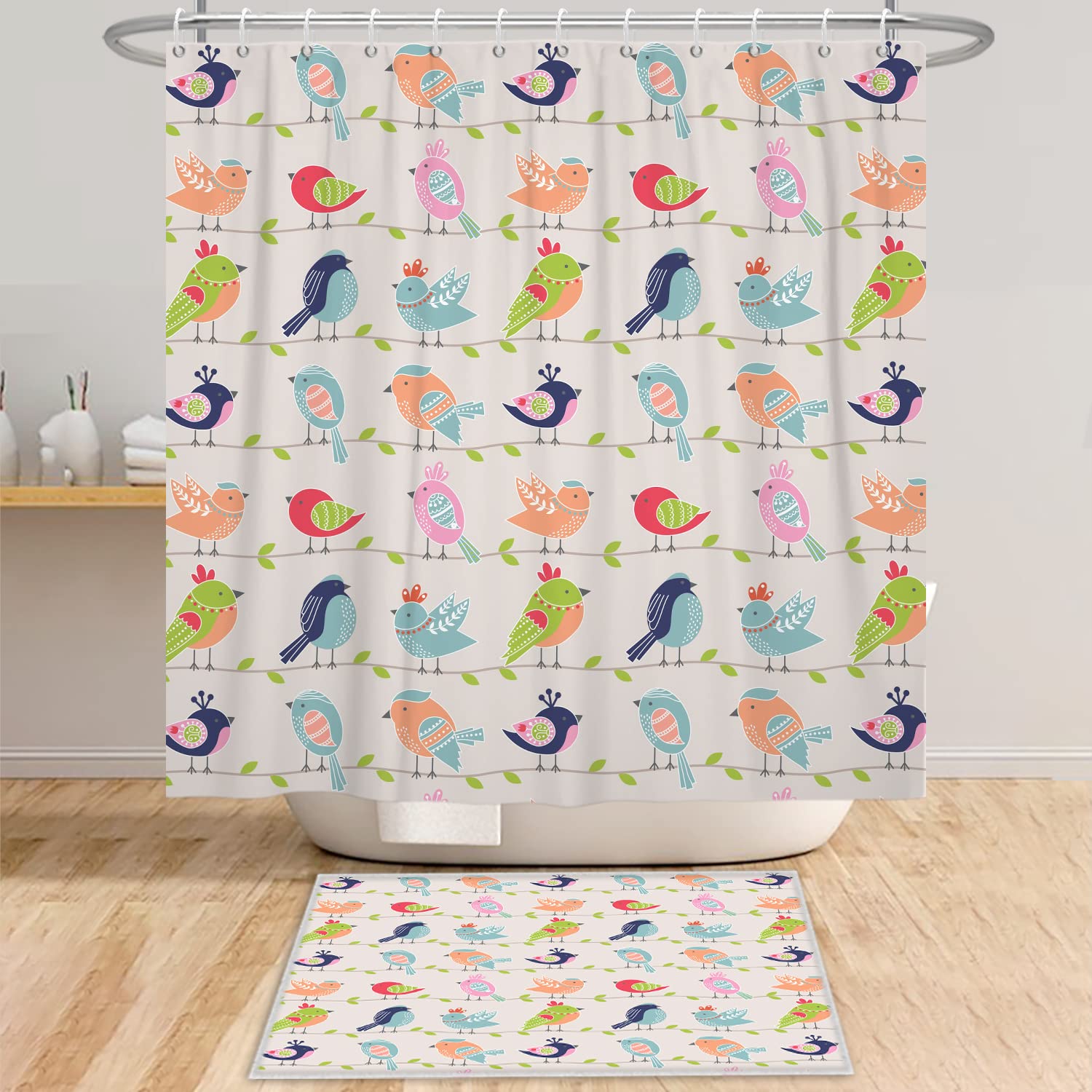 Bovlleetd Cartoon Bird Shower Curtain 72x74inch Funny Colorful Bird on Branch Bathroom Curtain Funny Flying Animal Shower Curtains Waterproof Bathtub Curtain 100% Polyester