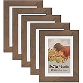 VCK 5x7 Picture Frame 5 Pack, Natural Wood Grain Brown Walnut & HD Glass, Display 4x6 Photos with Mat or 5x7 without Mat, Tabletop or Wall Hanging