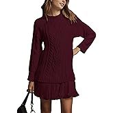 MINSURE Women Cable Knit Sweater Dress Crewneck Long Sleeve Pleated Mini Dress Twofer Style Patchwork Dress(Wine-XL)