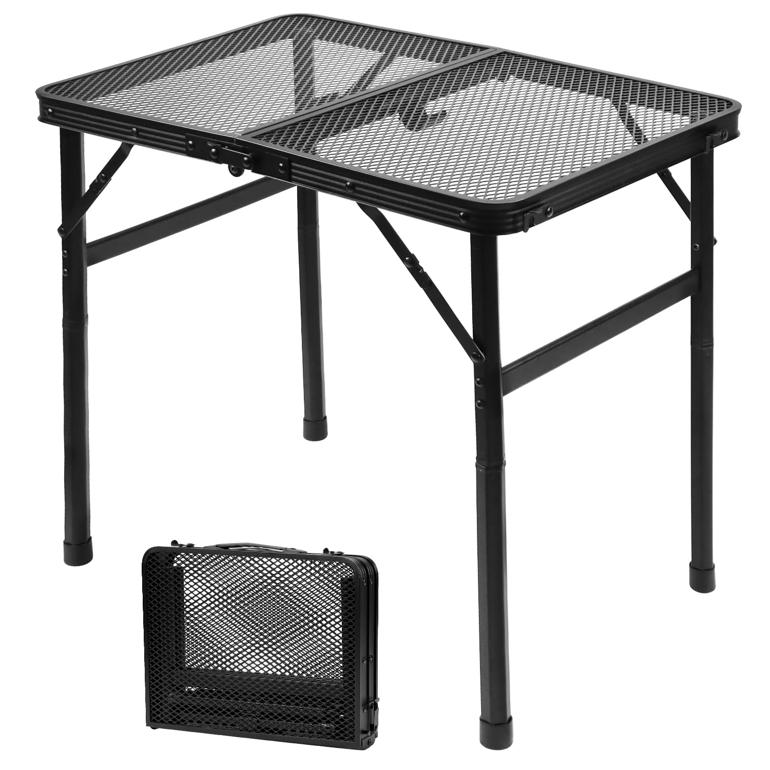QWORK® Folding Camping Table Outdoor Picnic BBQ Table, 60x40 cm Aluminum Mesh Table, 2 Heights 27cm & 56cm, Compact & Lightweight