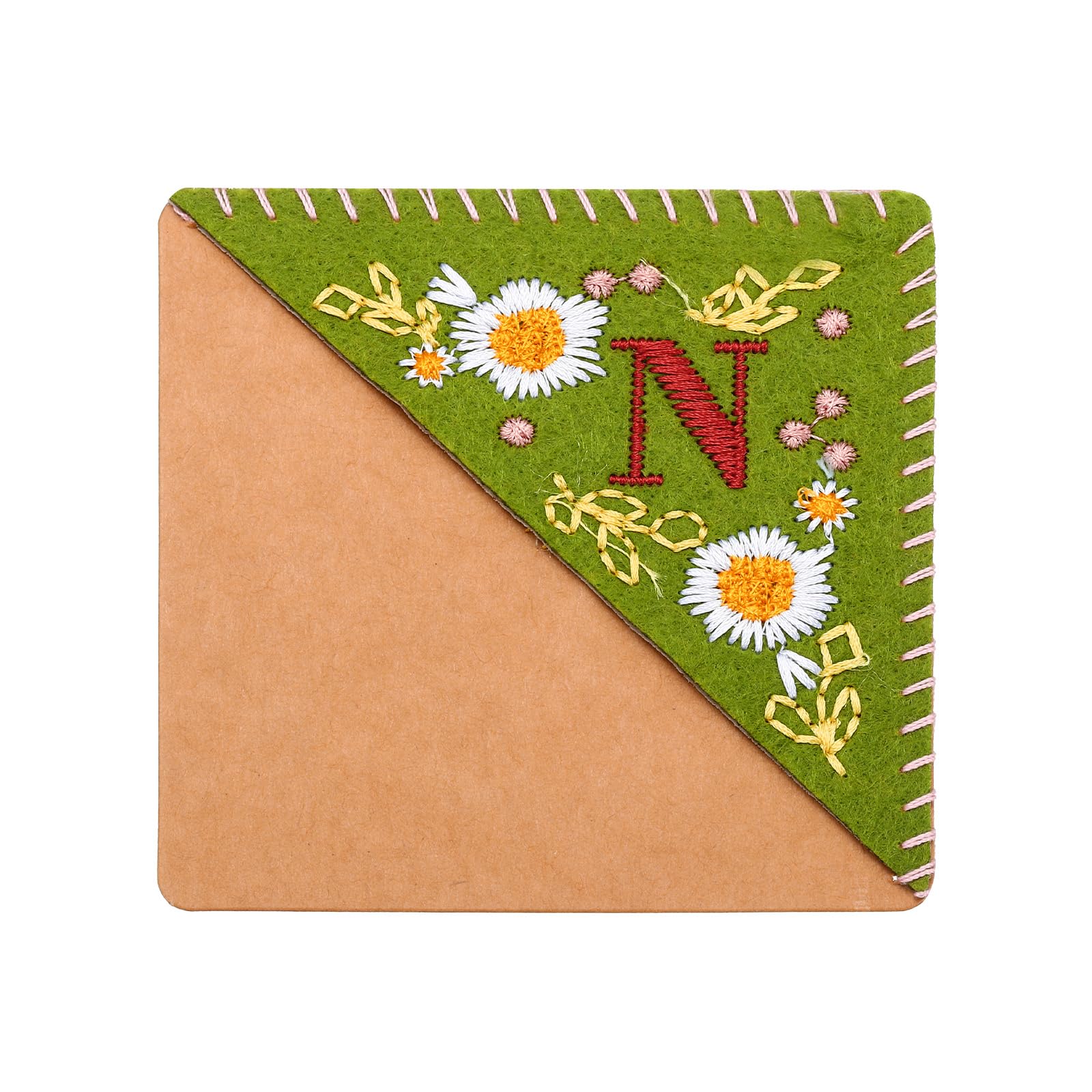 PATIKIL Personalized Embroidered Corner Bookmark, Cute Flower Felt Stitched Triangle Book Mark Page Marker for Women Men Book Lovers Teachers, Green, Letter N