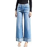 Queenwin Womens Wide Leg Jeans High Waisted Stretchy Cuffed Baggy Denim Pants