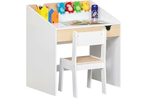 Qaba Kids Desk and Chair Set, 2 Pieces Children Study Table and Chair with Storage Pull-Out Drawer Bookshelf for 6-10 Years, 