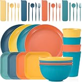 36PCS Wheat Straw Dinnerware Sets - Reusable Plates and Bowls Sets, Unbreakable Cups, Knives, Forks, Spoons &amp; Chopstick, Microwave, Dishwasher Safe Tableware Kitchen Outdoor Camping Presents