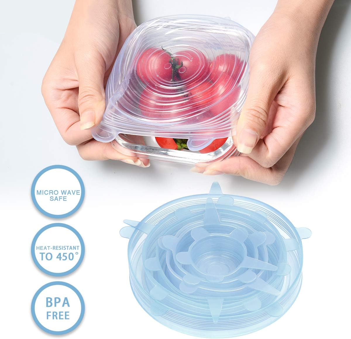 Silicone Stretch Lids, 6 Pack to Fit Various Sizes and Container Shapes, Reusable BPA-Free Bowl Covers Food Saver Covers, Safe in Dishwasher Refrigerator and Microwave