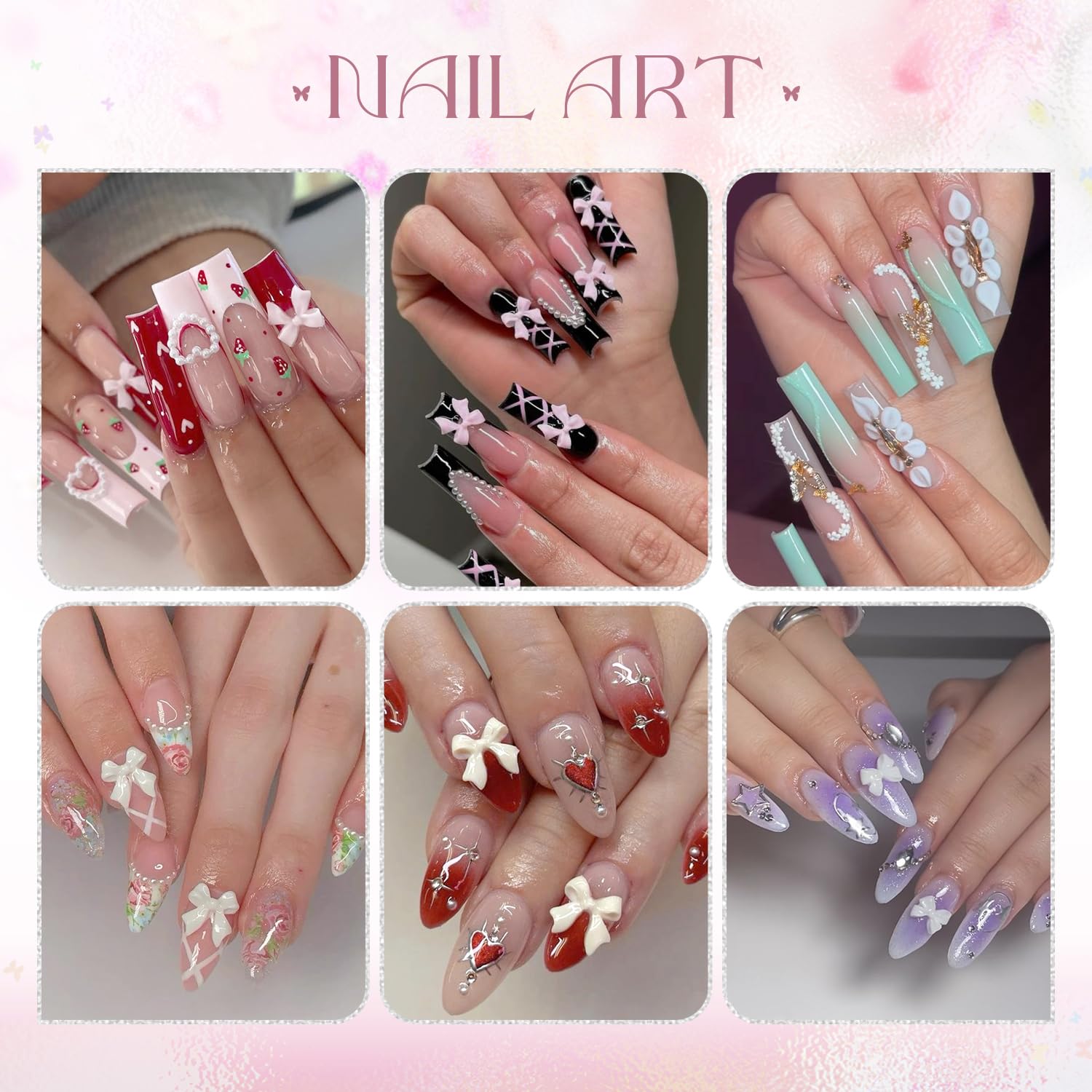 3D Nail Charms and Gems Set 7, 20PCS Chunky Butterfly Charms + 75PCS Coquette Nail Bows and Hearts + 3D Flowers for Nails with Rhinestones, Pearls, Diamonds and Picker Tools for Y2K Nail Decor - Image 6