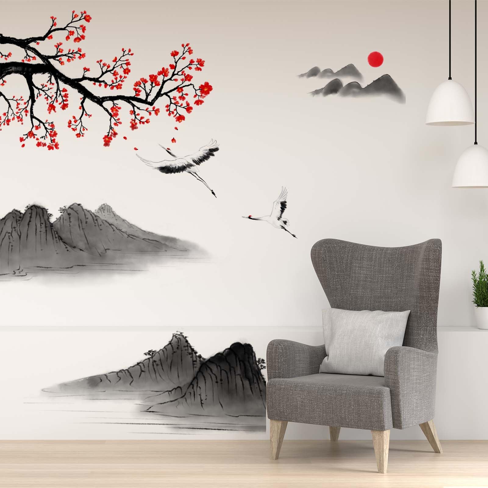 Cherry Blossom Wall Stickers for Bedroom: Peel and Stick Flower Bird Japanese Style Landscape Painting Mountain Wall Decals - Living Room Office Bathroom