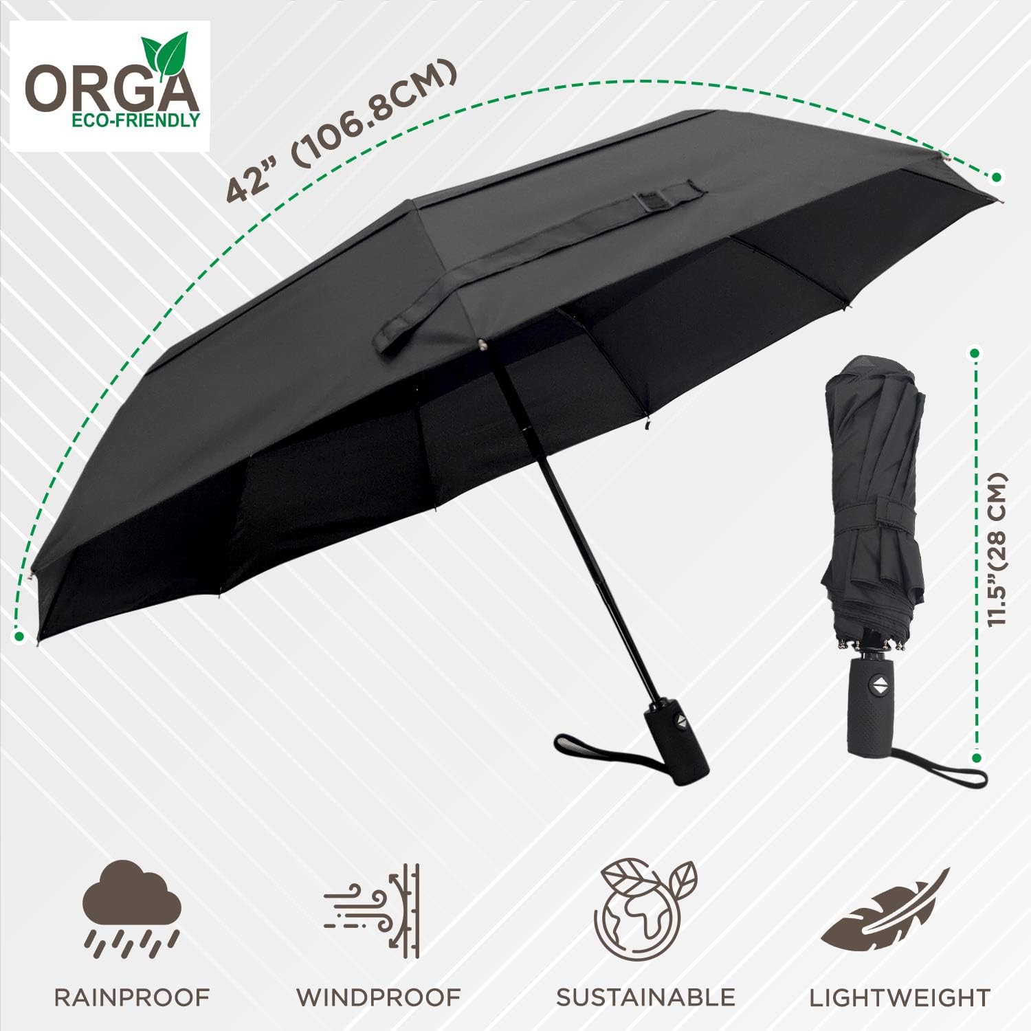 ORGA ECO-FRIENDLY Umbrella Windproof Double Vented Travel Umbrella with Teflon Coating (Black), S - Image 3